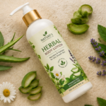 Herbal body lotion bottle with natural botanical extracts