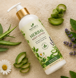 Herbal body lotion bottle with natural botanical extracts